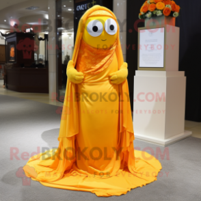 Yellow Orange mascot costume character dressed with a Wedding Dress and Shawls