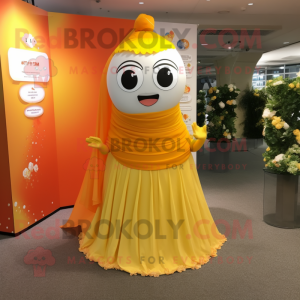 Yellow Orange mascot costume character dressed with a Wedding Dress and Shawls