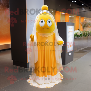 Yellow Orange mascot costume character dressed with a Wedding Dress and Shawls