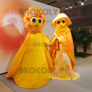 Yellow Orange mascot costume character dressed with a Wedding Dress and Shawls