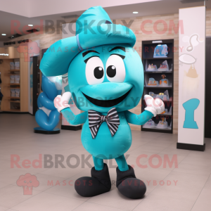 Turquoise Horseshoe mascot costume character dressed with a Tank Top and Bow ties