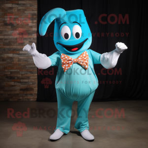 Turquoise Horseshoe mascot costume character dressed with a Tank Top and Bow ties