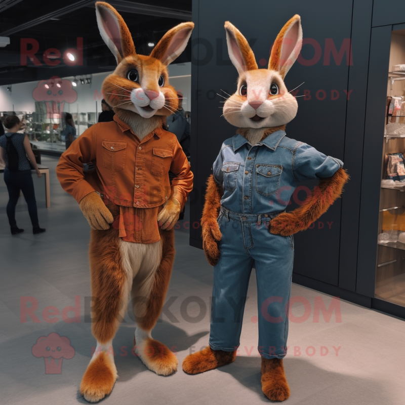 Rust Wild Rabbit mascot costume character dressed with a Boyfriend Jeans and Belts