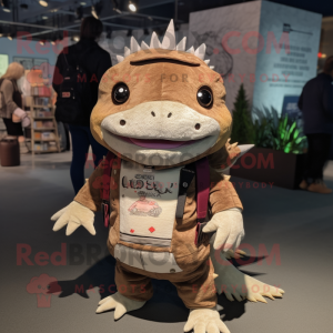 Brown Axolotls mascot costume character dressed with a Graphic Tee and Brooches