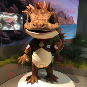 Brown Axolotls mascot costume character dressed with a Graphic Tee and Brooches