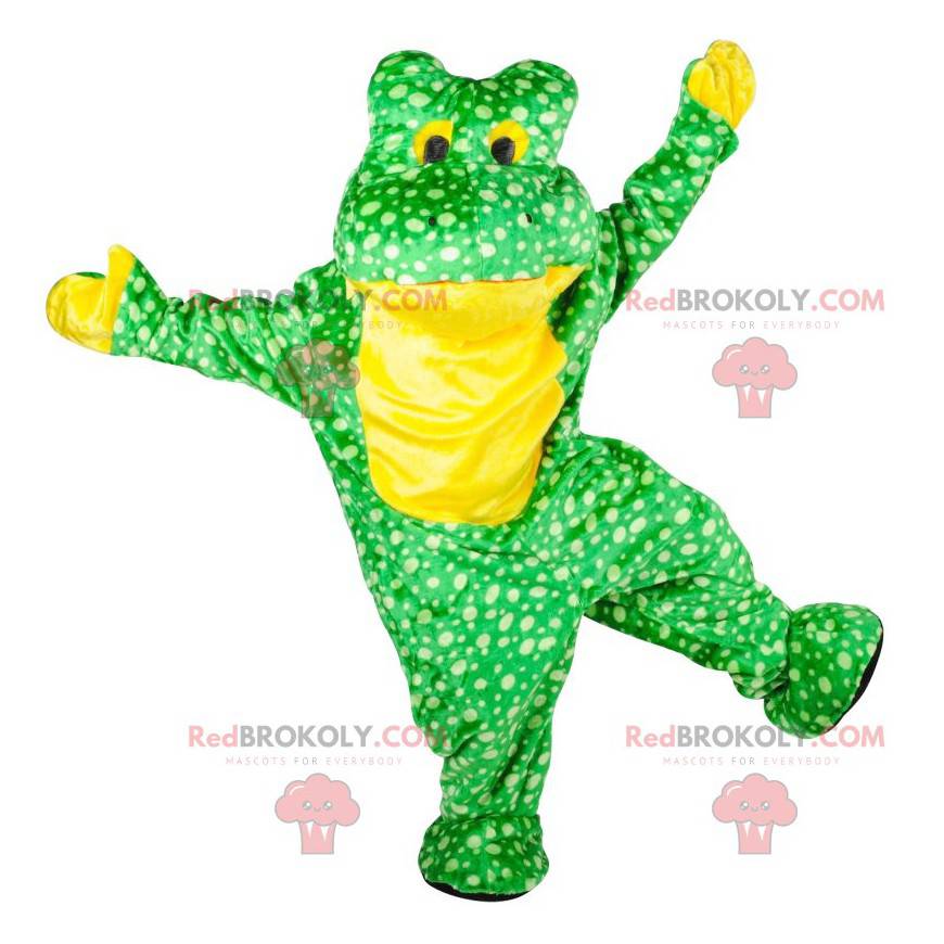 Zelená a žlutá žába maskot s bílými tečkami - Redbrokoly.com