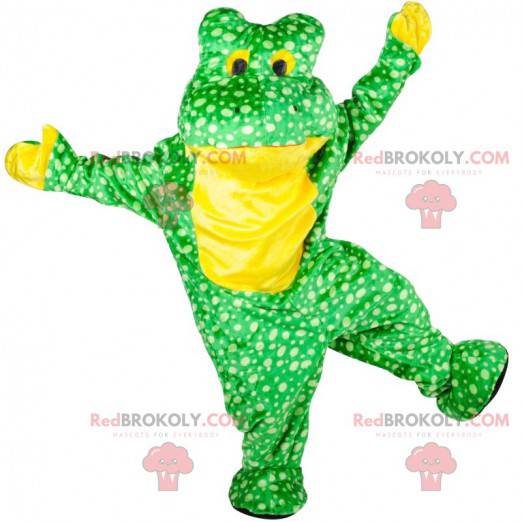 Green and yellow frog mascot with white dots - Redbrokoly.com