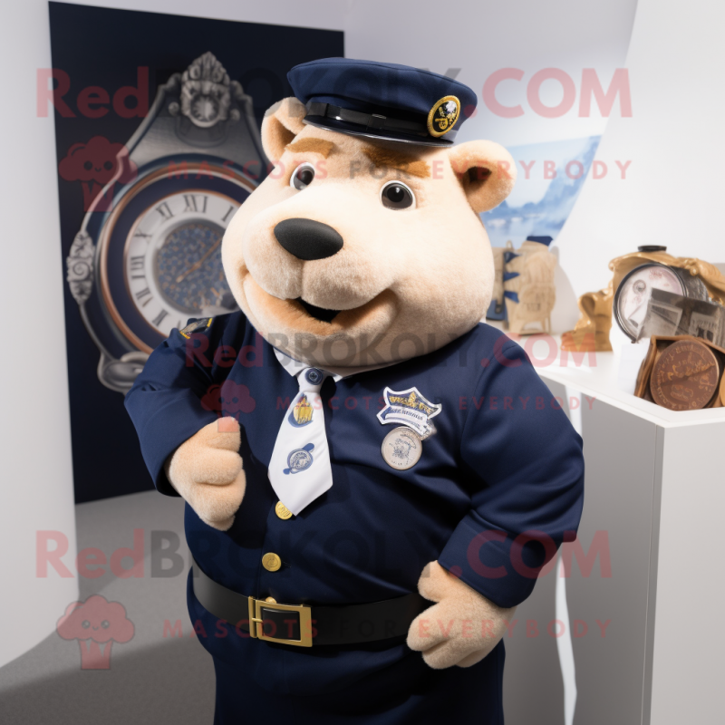 Navy Sow mascot costume character dressed with a Oxford Shirt and Bracelets Navy Sow mascot costume character dressed with a Oxford Shirt and Bracelets