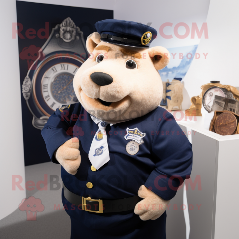 Navy Sow mascot costume character dressed with a Oxford Shirt and Bracelets