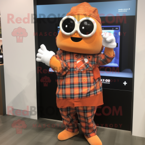 Orange Camera mascot costume character dressed with a Flannel Shirt and Digital watches