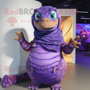 Purple Anaconda mascot costume character dressed with a Wrap Skirt and Mittens