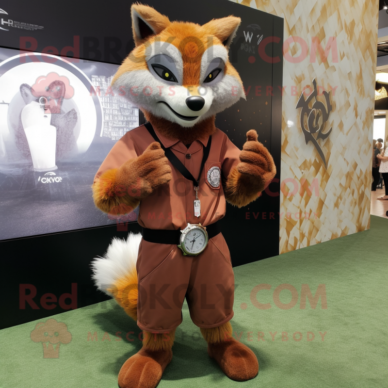 Brown Fox mascot costume character dressed with a Sheath Dress and Bracelet watches