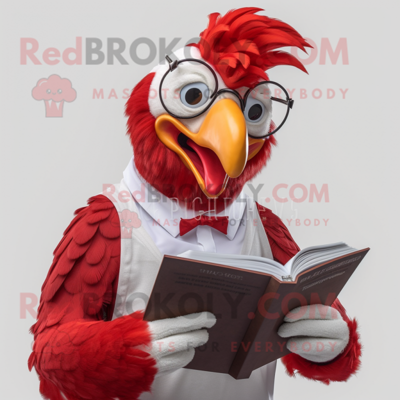 Red Rooster mascot costume character dressed with a Overalls and Reading glasses