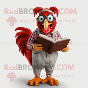 Red Rooster mascot costume character dressed with a Overalls and Reading glasses