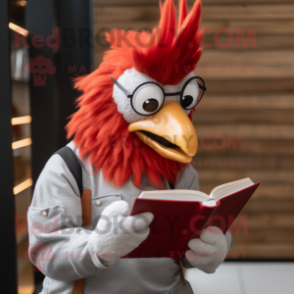 Red Rooster mascot costume character dressed with a Overalls and Reading glasses