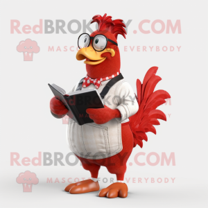 Red Rooster mascot costume character dressed with a Overalls and Reading glasses