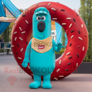 Turquoise Hot Dog mascot costume character dressed with a Graphic Tee and Rings