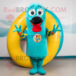 Turquoise Hot Dog mascot costume character dressed with a Graphic Tee and Rings