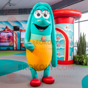 Turquoise Hot Dog mascot costume character dressed with a Graphic Tee and Rings