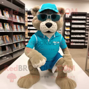 Turquoise Mountain Lion mascot costume character dressed with a Running Shorts and Reading glasses