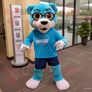 Turquoise Mountain Lion mascot costume character dressed with a Running Shorts and Reading glasses