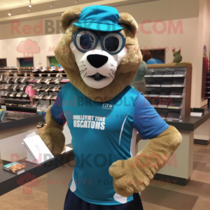 Turquoise Mountain Lion mascot costume character dressed with a Running Shorts and Reading glasses