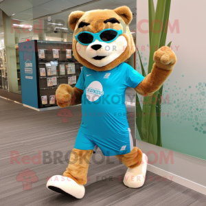 Turquoise Mountain Lion mascot costume character dressed with a Running Shorts and Reading glasses