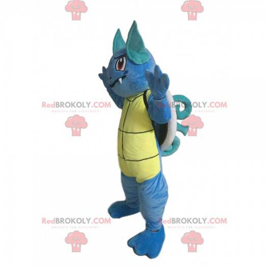 Mascota de tortuga azul con dientes y orejas puntiagudas -