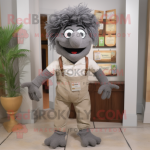 Gray Jambalaya mascot costume character dressed with a Chinos and Suspenders