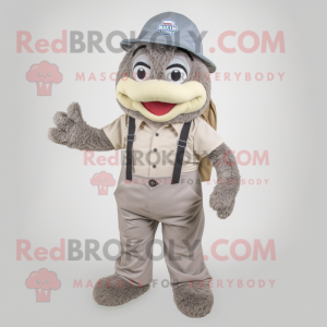 Gray Jambalaya mascot costume character dressed with a Chinos and Suspenders