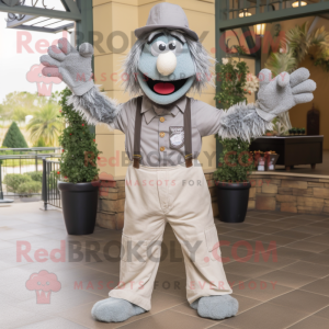 Gray Jambalaya mascot costume character dressed with a Chinos and Suspenders
