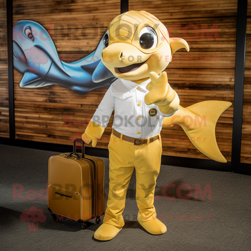 Gold Dolphin mascot costume character dressed with a Poplin Shirt and Briefcases Gold Dolphin mascot costume character dressed with a Poplin Shirt and Briefcases