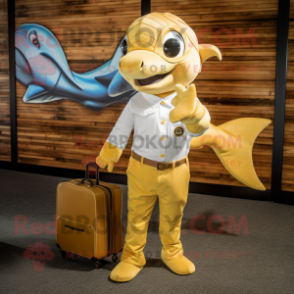 Gold Dolphin mascot costume character dressed with a Poplin Shirt and Briefcases