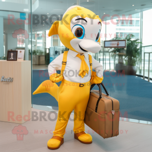 Gold Dolphin mascot costume character dressed with a Poplin Shirt and Briefcases