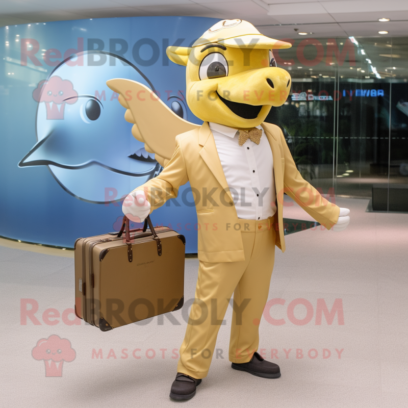 Gold Dolphin mascot costume character dressed with a Poplin Shirt and Briefcases Gold Dolphin mascot costume character dressed with a Poplin Shirt and Briefcases