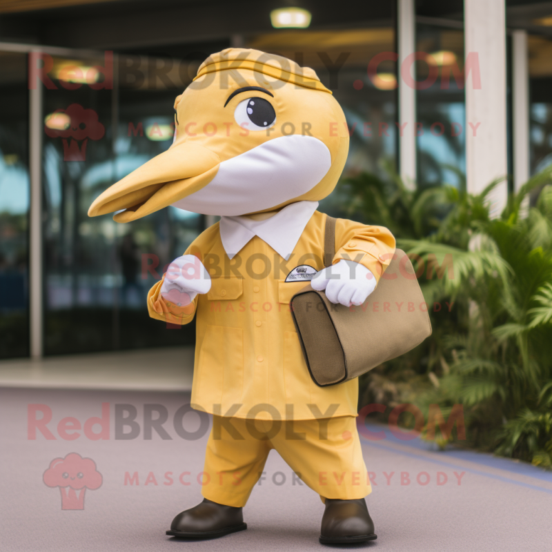 Gold Dolphin mascot costume character dressed with a Poplin Shirt and Briefcases