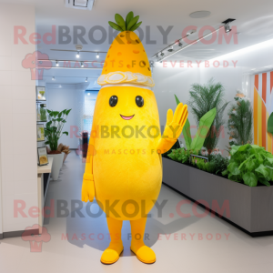 Lemon Yellow Carrot mascot costume character dressed with a One-Piece Swimsuit and Berets