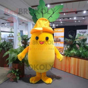 Lemon Yellow Carrot mascot costume character dressed with a One-Piece Swimsuit and Berets
