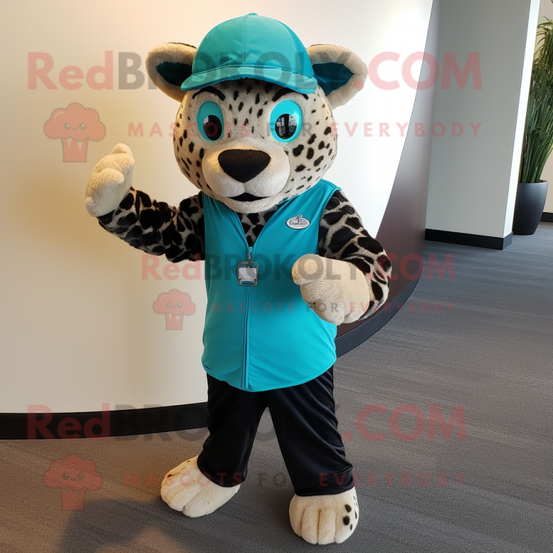 Teal Cheetah mascot costume character dressed with a Suit Pants and Beanies