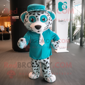 Teal Cheetah mascot costume character dressed with a Suit Pants and Beanies