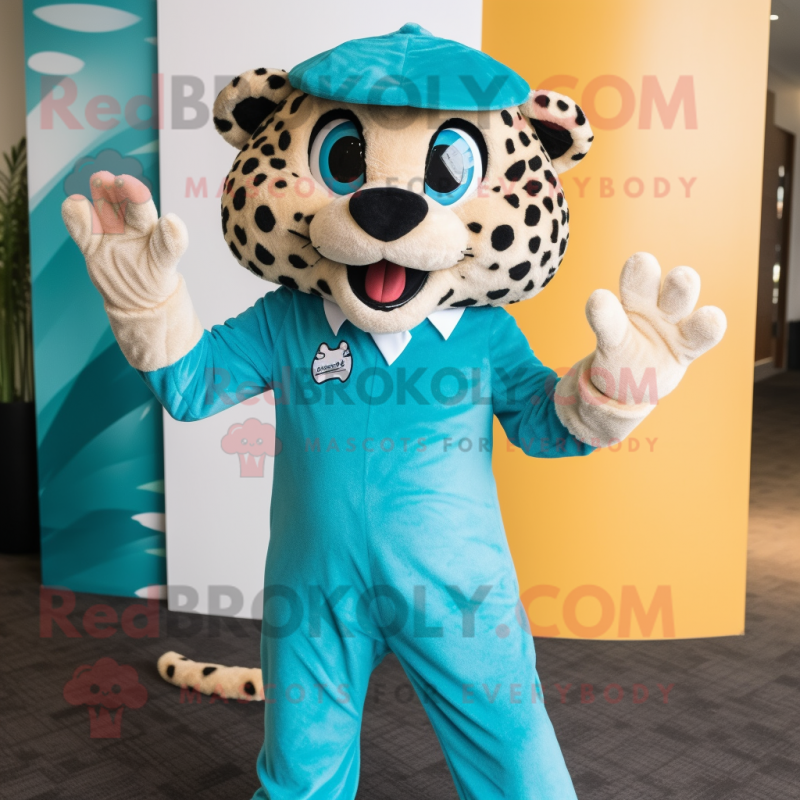 Teal Cheetah mascot costume character dressed with a Suit Pants and Beanies