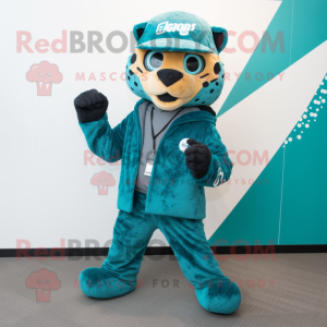 Teal Cheetah mascot costume character dressed with a Suit Pants and Beanies