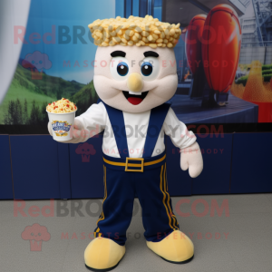 Navy Pop Corn mascot costume character dressed with a Corduroy Pants and Bracelets