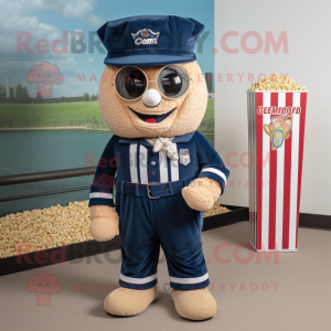 Navy Pop Corn mascot costume character dressed with a Corduroy Pants and Bracelets