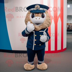 Navy Pop Corn mascot costume character dressed with a Corduroy Pants and Bracelets