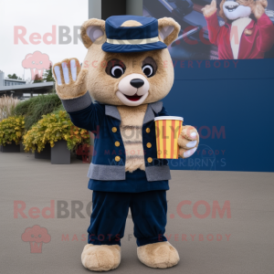 Navy Pop Corn mascot costume character dressed with a Corduroy Pants and Bracelets