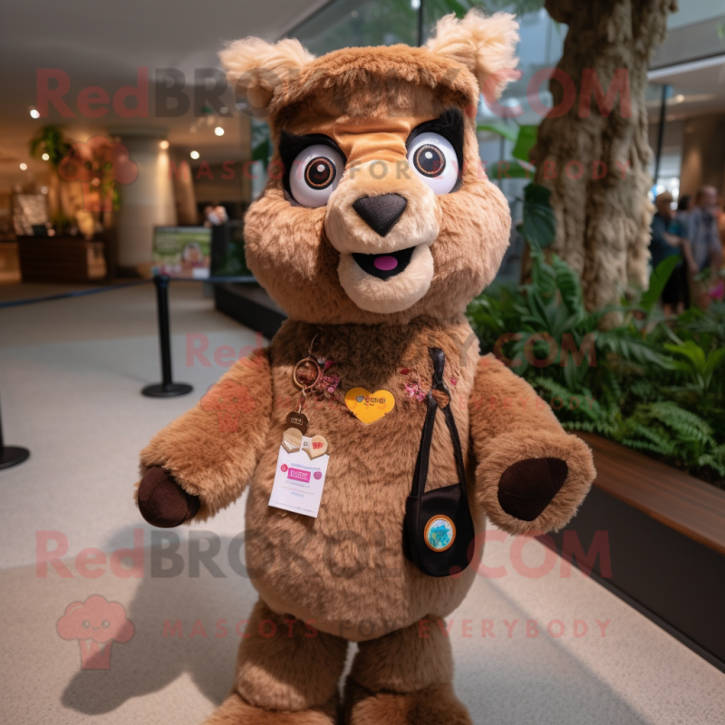 Brown Llama mascot costume character dressed with a Romper and Keychains Brown Llama mascot costume character dressed with a Romper and Keychains