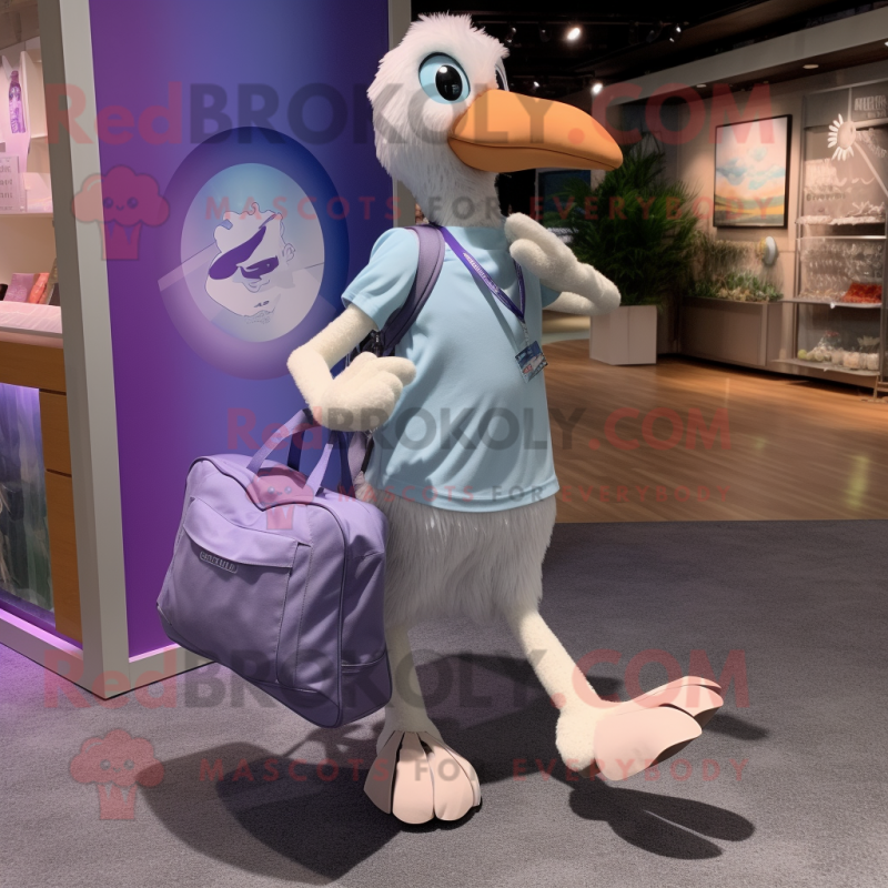 Lavender Albatross mascot costume character dressed with a Running Shorts and Tote bags