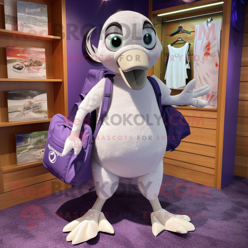 Lavender Albatross mascot costume character dressed with a Running Shorts and Tote bags