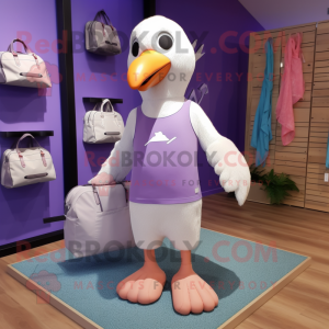 Lavender Albatross mascot costume character dressed with a Running Shorts and Tote bags